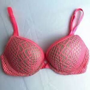 Victoria's Secret Very Sexy  Neon Pink Crochet Mesh Overlay Push Up Plunge Bra​